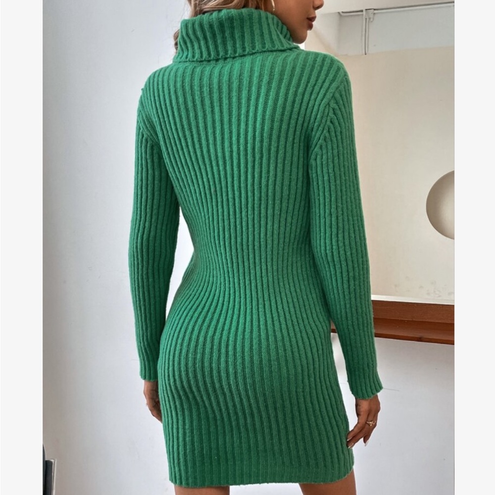 Cozy Cowl Neck Cut out Knit Sweater Dress Green - Picture 3 of 8